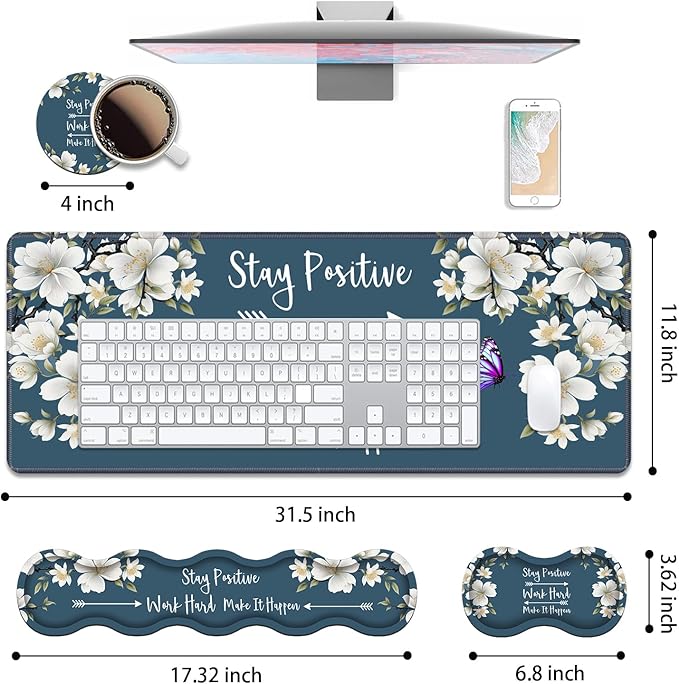 4 in 1 Ergonomic Keyboard Wrist Rest &amp Mouse Pad Wrist Rest SetStay Positive Work Hard and Make It Happen Inspirational Quote Large XXL Gaming Desk Mat with Non-Slip Base for Home Office Study Ga