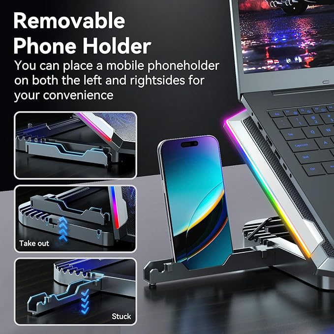 ICE COOREL Gaming Laptop Cooling Pad with 8 Cooling Fans Laptop Fan Cooler Pad for 15-17.3 Inch Notebook Cooler Stand with 6 Height Adjustable RGB Cooling Pad with Two USB Port + Phone Stand