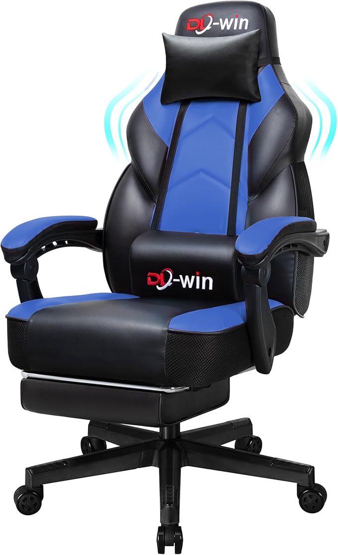 Vongrasig Ergonomic Gaming Chair for Adults PU Leather Office Seat with Head &amp Foot Rests (Blue)
