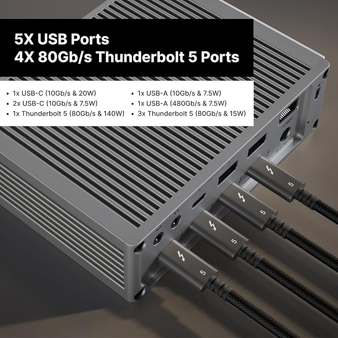 CalDigit TS5 - Thunderbolt 5 Dock - 15 Port 140W Dedicated Host Charging 80Gb/s Thunderbolt 5 x4 USB-C 10Gb/s x3 USB-A x2 2.5GbE Dual 8K@60Hz SD &amp microSD UHS-II 1m Braided Cable 240W PSU