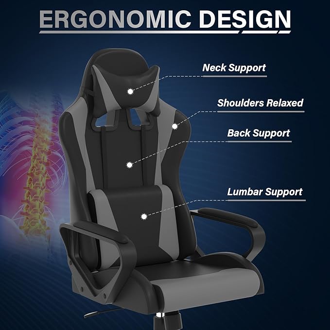 Gaming ChairSwivel Rolling Gaming Chair for AdultsErgonomic PC Gaming Chair GreyHeight Adjustable Computer ChairPU Leather Computer Chair with Headrest and Lumbar Support
