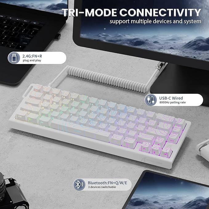 ATTACK SHARK X68PRO HE Rapid Trigger Wireless Keyboard 0.01mm RT Accuracy 8000Hz Wired Gaming Keyboard Adjustable Actuation Snap Tap RGB Backlit Magnetic Switch C01 Coiled Cable -White