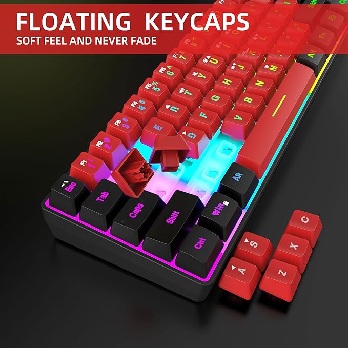 Snpurdiri 60% Wired Gaming KeyboardTrue RGB Small Compact 61 Keys Mini Keyboard for PC/Mac Gamer Typist Travel Easy to Carry on Business Trip(Black-Red)