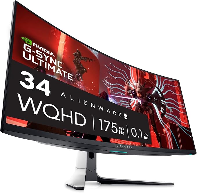 Alienware AW3423DW Curved Gaming Monitor 34.18 inch Quantom Dot-OLED 1800R Display 3440x1440 Pixels at 175Hz True 0.1ms Gray-to-Gray 1M:1 Contrast Ratio 1.07 Billions Colors - Lunar Light