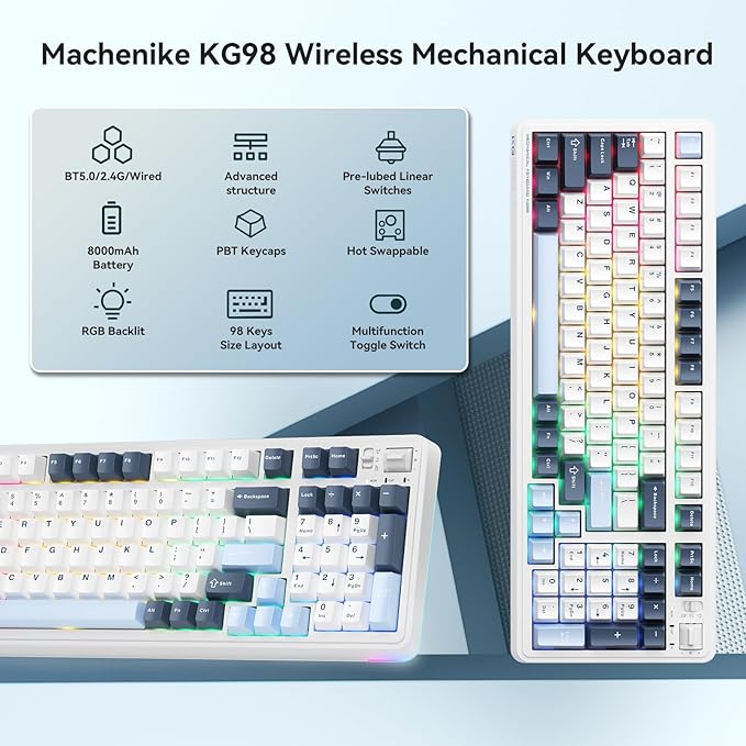 Machenike KG98 Mechanical KeyboardHot Swappable Custom Gaming KeyboardPre-lubed Linear SwitchesRGB SidelitTri-Mode 98 Keys Compact Layout for Gaming/Typing/Win/Mac/PC