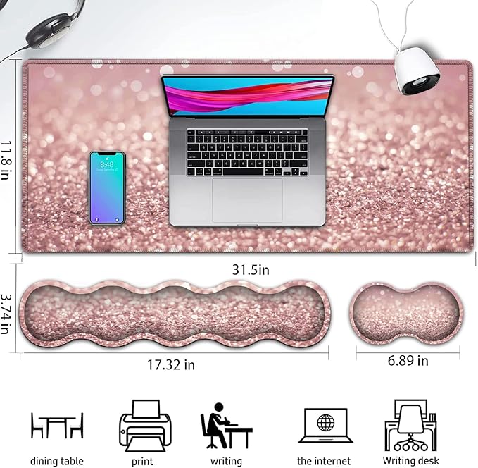Pink Gaming Mouse PadLarge Mouse Pad with Stitched EdgeNon-Slip Base Office Desk Pad Ergonomic Keyboard Wrist Rest SetWaterproof Writing PadPink Glitter Pattern Extended XXL Desk Mat