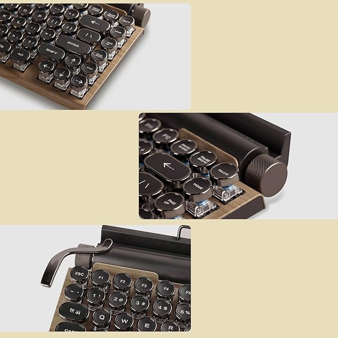Sanpyl Retro Typewriter Keyboard 83 Keys Vintage Bluetooth Mechanical Keyboard Blue Gaming Keyboards for Desktop PC Laptop (Wood Grain Color)