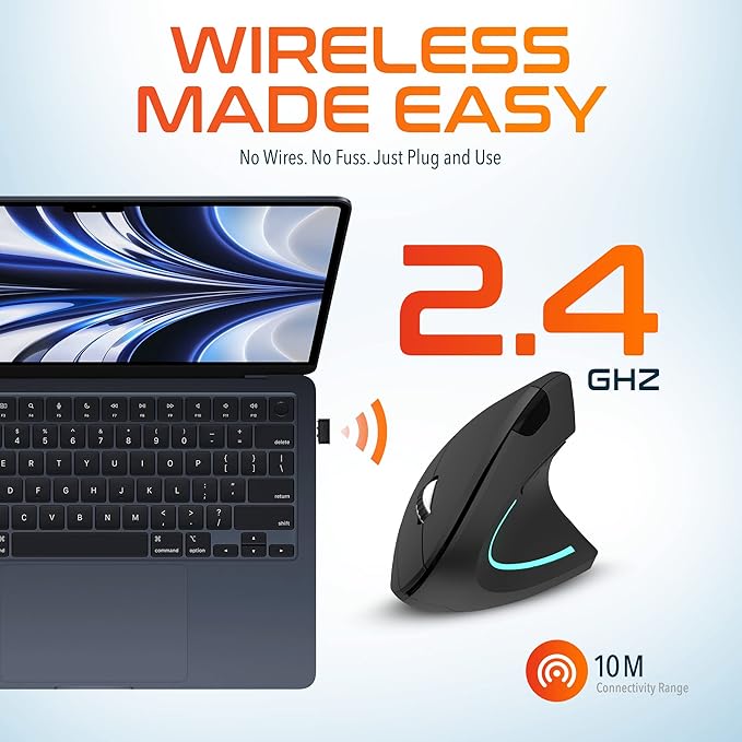 Delton Ergonomic Vertical Wireless Mouse 2.4GHz USB Dongle 6 Buttons 3 Adjustable DPI Levels (800/1200/2400) AA Battery Operated Compatible with PC Laptop Mac Chromebook and More - Black
