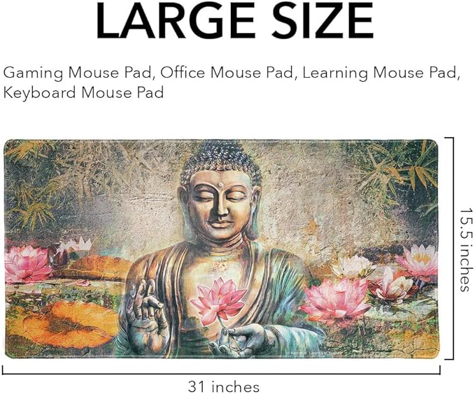 Buddha Pink Lotus Flowers Serenity Large Gaming Mouse Pad Desk Mat with Stitched Edges Non-Slip Base