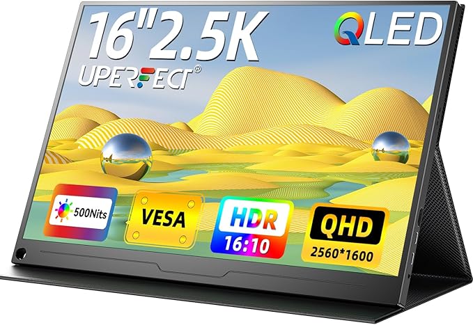 UPERFECT 2.5K QLED Portable Monitor 16 2560x1600 QHD Portable Gaming Monitor 120% sRGB HDR Laptop Monitor w/VESA &amp Smart Case Matte Eye Care External Second Screen for PC Laptop Phone Game Conso