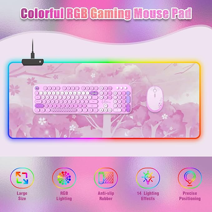 RGB Mouse Pad for Gaming I Large Mousepad with 14 Led Modes I Keyboard Pad Gaming Desk Mat I Non-Slip Rubber Base Mouse Mat I 900x400x4mm Waterproof Mousepad for Women Girl Gamer I Light Pink