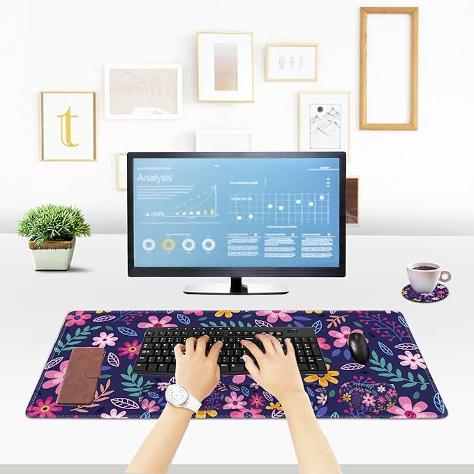 ToLuLu Extended Gaming Mouse Pad Memory Foam Ergonomic Keyboard Mouse Wrist Rest Support Set Large Desk Mat with Stitched Edges Non-Slip Base Mousepad for Home Office Game Study Purple Flowers
