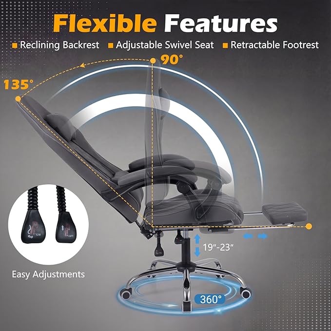 Giantex Gaming Chair Height Adjustable Computer Chair with Headrest Lumbar Support Linkage Armrests Reclining Backrest Footrest &amp 360° Swivel Seat Video Game Chair Ergonomic Office Task Cha