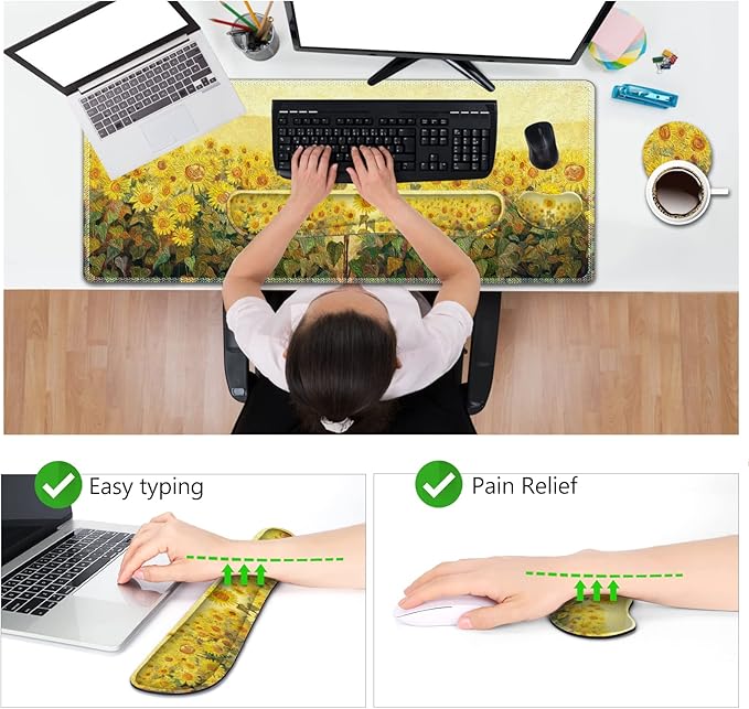 AIMSA Keyboard Mouse Pad Wrist Rest Extended Gaming Mouse Pad +Wrist Support Ergonomic Memory FoamXXL Large Mousepad 4Pcs (35×15.7 in) Desk Mat Sunflower Oil Painting