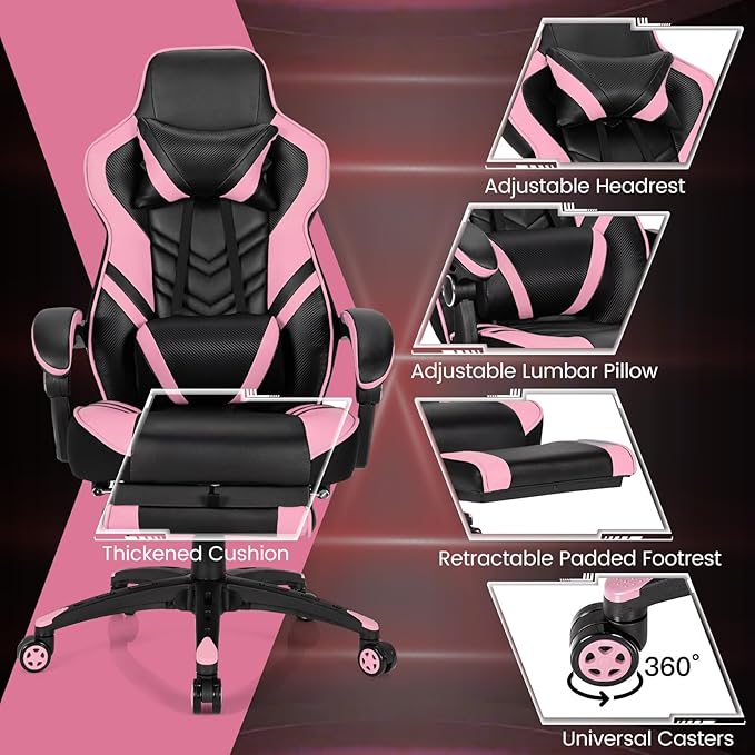 Goplus Gaming Chair Computer Chair with Footrest and Lumbar Support Height Adjustable Executive Swivel Rolling Task Chair with 90°-155° Tilt Function (Pink)