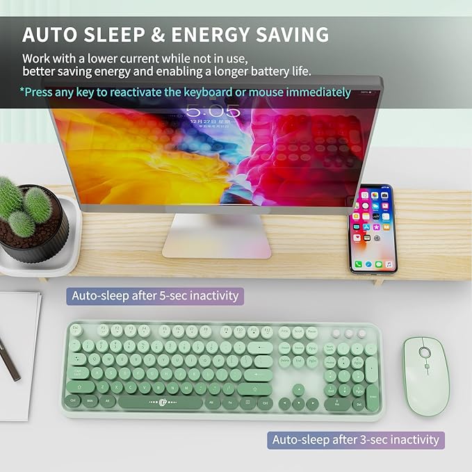 FOPETT Wireless Keyboard and Mouse Combo 104 Keys Full-Sized 2.4 GHz Round Keycap Colorful Keyboards USB Receiver Plug and Play for Windows Mac PC Laptop Desktop (GradientGreen)