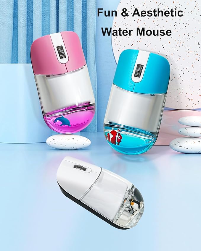 Wireless Mouse Cute White Aqua Water Mice Aesthetic Clear Silent Optical Portable Lightweight Retro Mice for PC Laptop Computer Macbook Kids Girl Women Gift with Liquid Water Section &amp Floater Pen