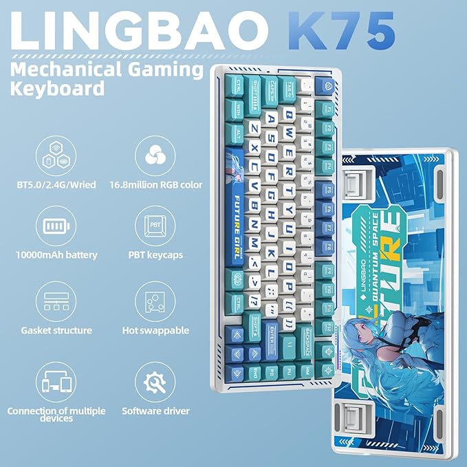 LINGBAO K75 Wireless Mechanical Keyboard 75% Anime Gaming Keyboard with 10000mAh Battery Hot-Swappable Pre-Lubed Switches RGB Backlit PBT Keycaps Creamy Sounding Computer Keyboards for PC/Mac/Win