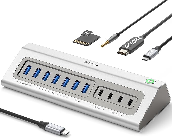 Gitfos Powered USB Hub18 in 1 USB C Hub with 4K HDMIPD 100W45W Charging10Gbps DataSD/TFAudio65W Power Adapter &amp 3.3FT CableAluminumSmart Button USB Hub for LaptopMacBookiPhone 17/16iP