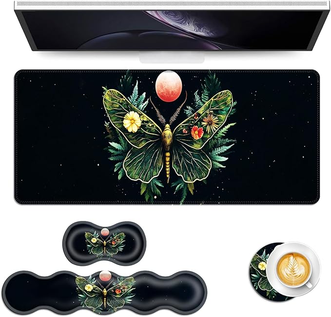Keyboard Mouse Pad Set Extended Gaming Mouse Pad+Ergonomics Keyboard Wrist Rest Support Memory Foam Easy Typing Pain Relief 4Pcs XL Ultra Thick Desk MatFloral Moth Red Moon