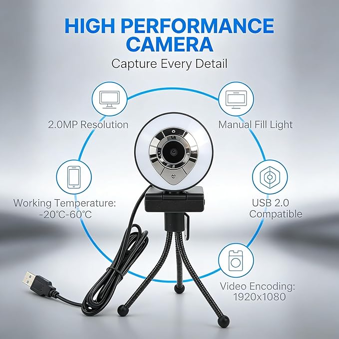 1080P HD Web Camera with Autofocus USB2.0 Webcam for Desktop Laptop PC Clear Video Self Beauty - Adjustable Lighting 360 Degree Rotation Video Call Friendly