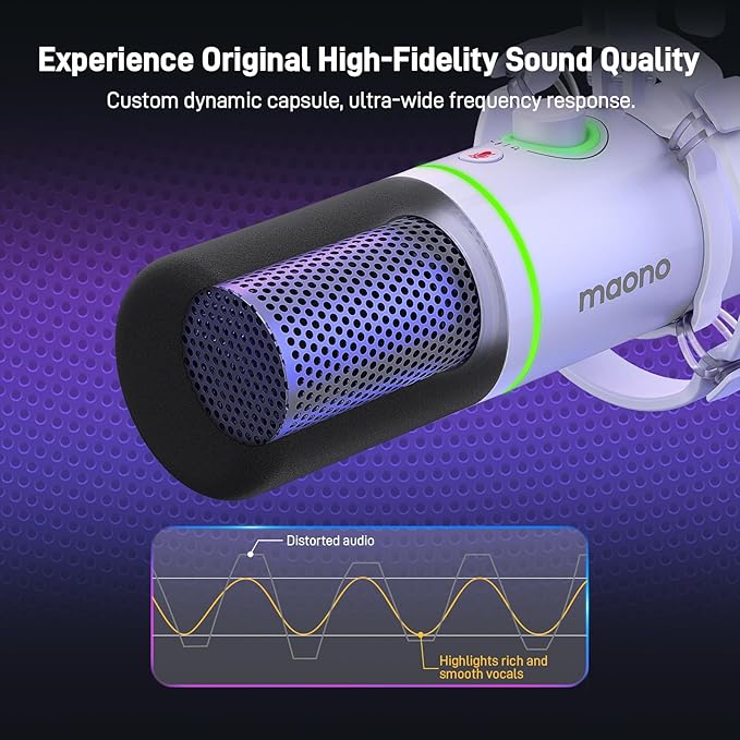 MAONO XLR/USB Dynamic Microphone Kit RGB Podcast Mic with Software Mute Gain Knob Volume Control Boom Arm for Streaming Gaming Voice-Over Recording-PD200XS White