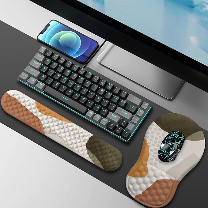 HAOCOO Ergonomic Mouse Pad with Wrist Rest and Keyboard Wrist Rest 3 PCS Computer Carpal Tunnel Mouse Pads for Desk with Coaster Set Memory Foam Keyboard Wrist Support for Laptop Office Boho Beige