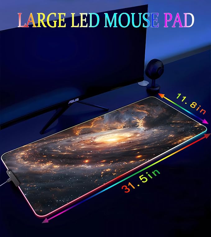 RGB Gaming Mouse Pad Large Mousepad with Led Light Gaming Accessories Keyboard Pad for Desk Non-Slip Rubber Base Big Mouse Mat for Gamer 31.5 X 11.8 Inch Golden Galaxy
