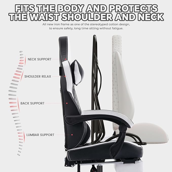 Black White Gaming Chairs with Footrest PVC Leather Video Game Chair for Adults Ergonomic Gaming Chair with Headrest &amp Lumbar Support Reclining Gamer Chairs with Adjustable Backrest (Black Whit