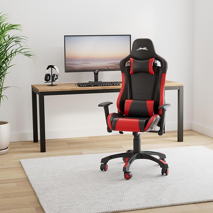 Leopard Gaming Chair High Back PU Leather Office Chair Adjustable Video Gaming Chairs Swivel Racing Chair with Adjustable Armrest (Black/Red)