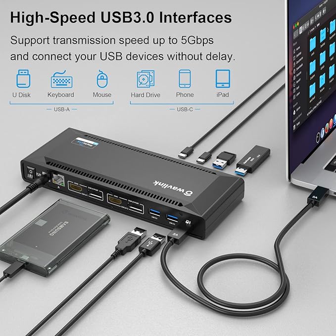 WAVLINK DisplayLink Laptop Docking Station - Dual Monitor 4K@60Hz 100W Charging for Thunderbolt 4/3 USB-C/A M1-M5 Mac/MacBook Neo Windows Chrome - 2HDMI 2DP 6 USB Ports LAN Audio