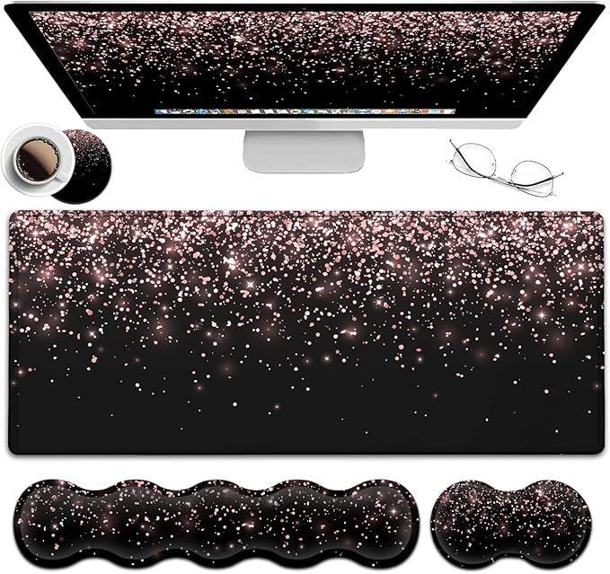 Large Gaming Mouse Pad (31.5x11.8 in) Rubber Base XXL Mousepad with Stitched Edges Ergonomic Keyboard Wrist Rest Extended Mouse Mat Desk Pad for Work Game Office Rose Gold Glitter Black Mousepad