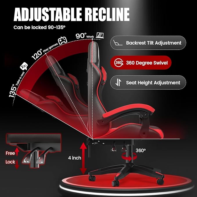Bigzzia Gaming Chair Ergonomic Video Game Chairs with Pillow and Lumbar Support Racing Style Height Adjustable Computer Chair with 360°-Swivel Seat for Adults and Teens