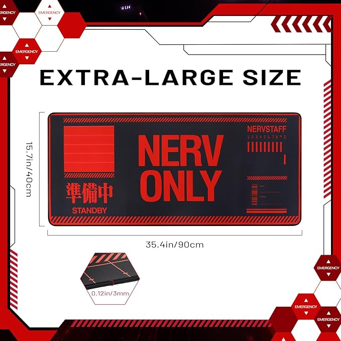 Neon Genesis Evangelion Mouse Pad 35.4x15.7 NERV ONLY Design Non-Slip Base &amp Stitched Edges Great for EVA Fans Office &amp Gaming