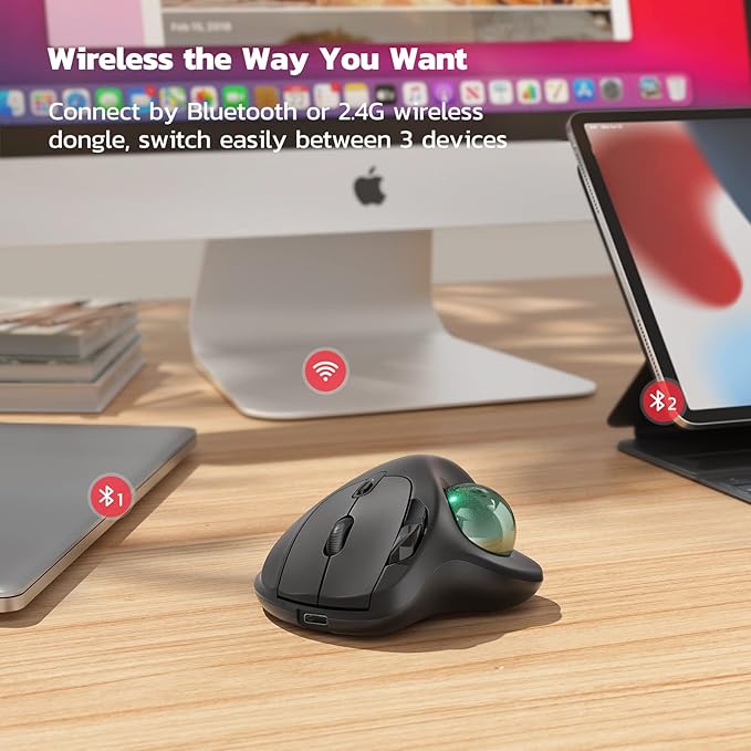 Nulea M501 Wireless Trackball Mouse Rechargeable Ergonomic Easy Thumb Control Precise &amp Smooth Tracking 3 Device Connection (Bluetooth or USB Receiver) Compatible for PC Laptop Mac Windows