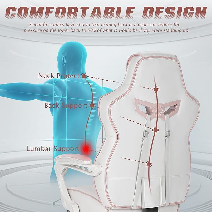 Vonesse Gaming Chair for Girls Pink Computer Gaming Chairs for Adults Reclining Gamer Chair with Footrest with Massage Ergonomic Home Office Chair High Back (White/Pink)