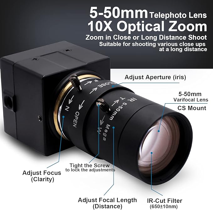 SVPRO 5-50mm Zoom Lens USB Camera 1080P with Sony IMX323 Sensor H.264 HD Camera with 0.01lux Ultra Low Light USB Webcam for Weak Light ConditionsPC Cam for Windows Linux Mac Android