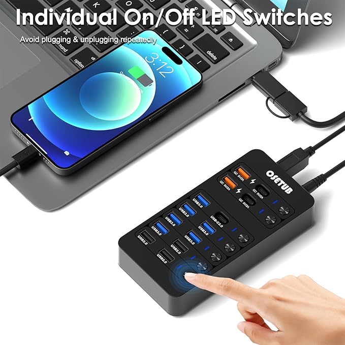 14-in-1 Powered USB Hub USB Data Hub w LED Individual On/Off Switches for MacBook/PC/Steam Deck &amp External HDDs 6 USB 3.03 USB 2.02 USB-A/C Charging1 USB-C 3.01x PD 60W1x Type-B for HDD Doc