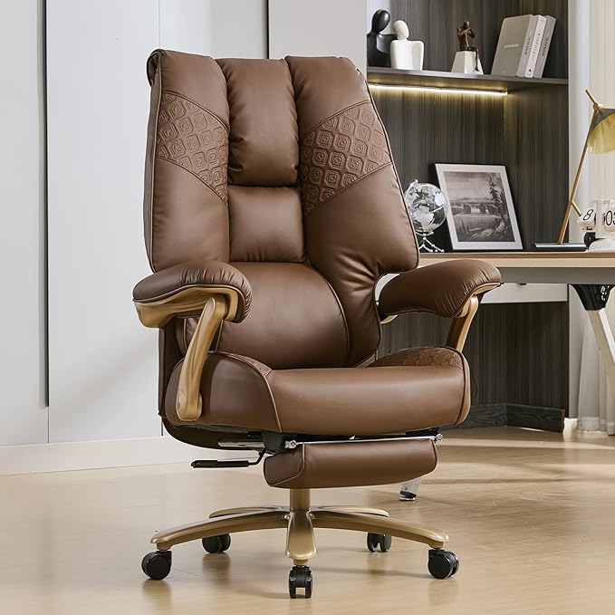Big and Tall Executive Office Chair with Footrest 400LBS Capacity Ergonomic High-Back Desk Office Chair with Lumbar Support Padded Armrests &amp Thick Cushion Brown PU Leather Chairs