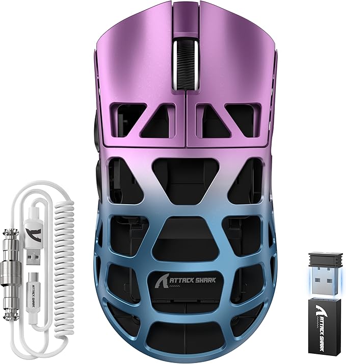 FELICON x Attack Shark R3 Magnesium Alloy Wireless Gaming Mouse 46g Ultra-Lightweight Skeletal Shell PAW3395 26K DPI 8K Polling Tri-Mode 2.4G/BT/Wired for PC Mac Laptop - Purple