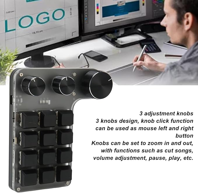 One Handed Macro Mechanical Keyboard 12 Keys with 3 Knobs USB Bluetooth Connection Mini Macro Mechanical Gaming Keypad Programmable Shortcut Custom Function