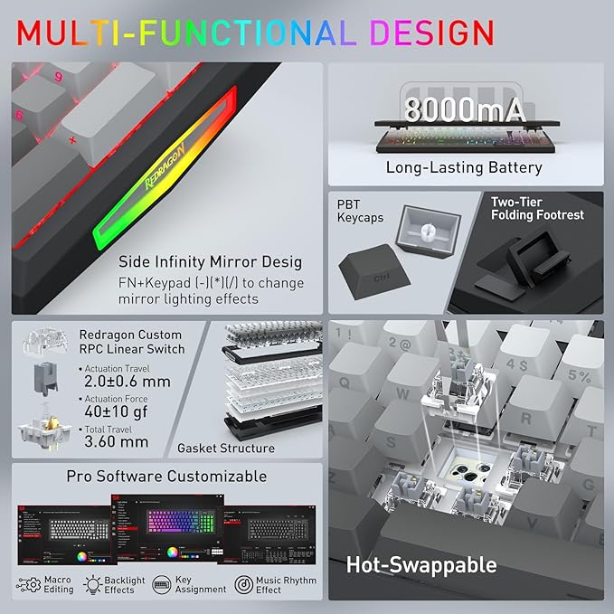 Redragon Wireless Mechanical Keyboard Gasket RGB Gaming Keyboard with Screen &amp Knob Tri-Mode BT5.0/2.4G/USB-C 95 Keys Hot Swappable Side Printed PBT Keycaps Thick Pre-Lubed Linear Switch K72