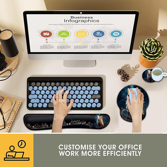 Ergonomic Gaming Mouse Pad Wrist Support and Memory Foam Keyboard Wrist Rest with Anti-Slip Base for Home Office Computer Desk Pad Gel Black Mouse Pad Easy Typing Cute Red Fox Animal Desk Mat