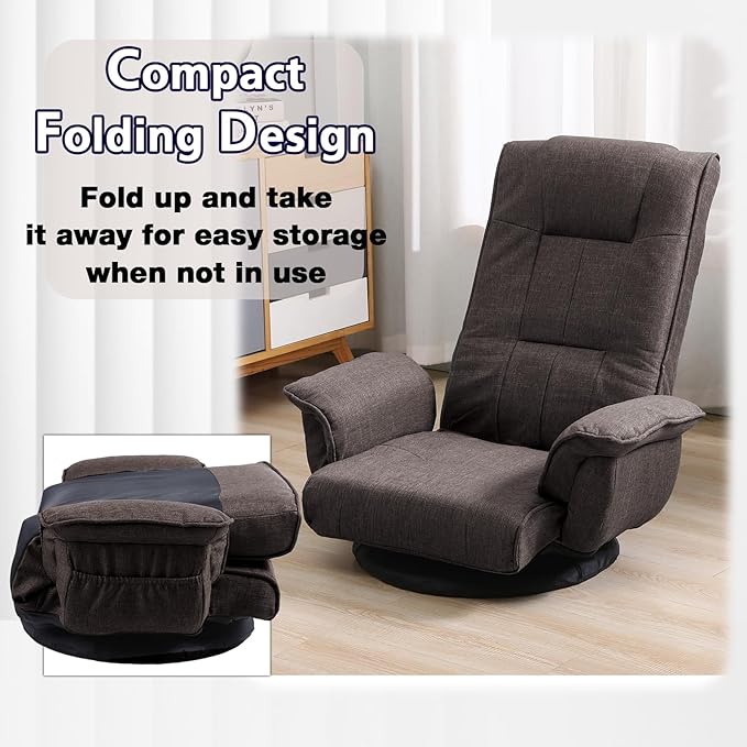 360 Degree Swivel Floor Chairs for Adults Gaming Floor Chair with Back Support 14 Angles Adjustable Comfortable Floor Lounge Chair Folding Video Game Chairs Office Bedroom 201 (Brown)