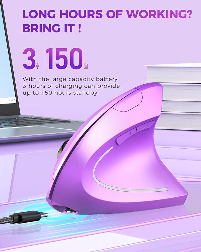 Lekvey Ergonomic Mouse Wireless Vertical Mouse Rechargeable 2.4 GHz Optical Carpal Tunnel Mice : 800/1200 / 1600 DPI 6 Buttons for Laptop PC Mac Computer Desktop Notebook etc Purple