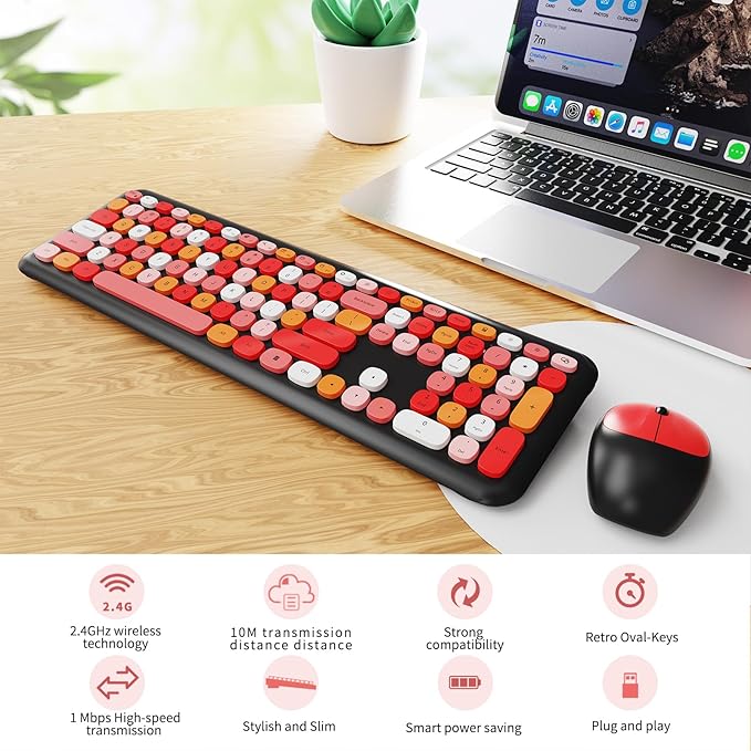 Wireless Keyboard and Mouse Combo Colorful Ergonomic Full Size Retro Low-Noise Keyboard with Cute keycaps Compatible with Windows PC Perfer for Home and Office Keyboards (Black)