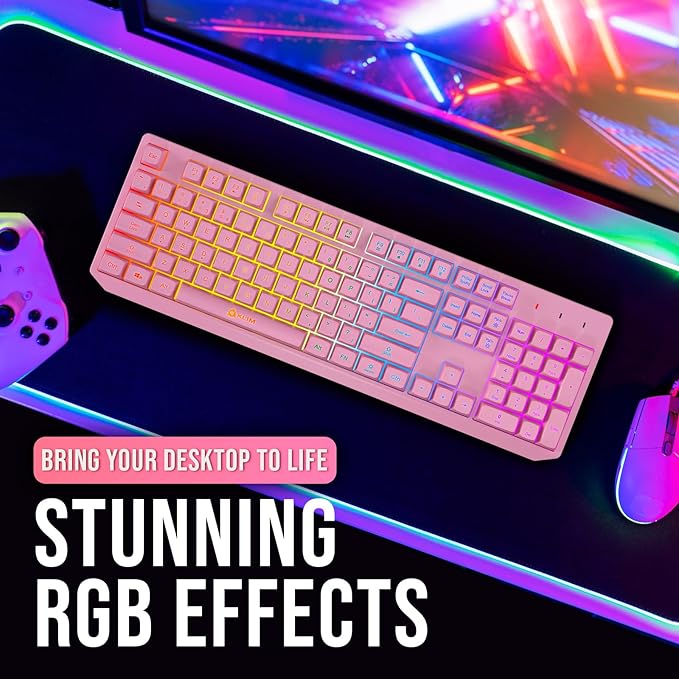 KLIM Chroma Pink Wireless Keyboard – RGB Backlit Rechargeable Battery Wireless Keyboard with Water-Resistant Durable Design Compatible with PC Mac PS4 PS5