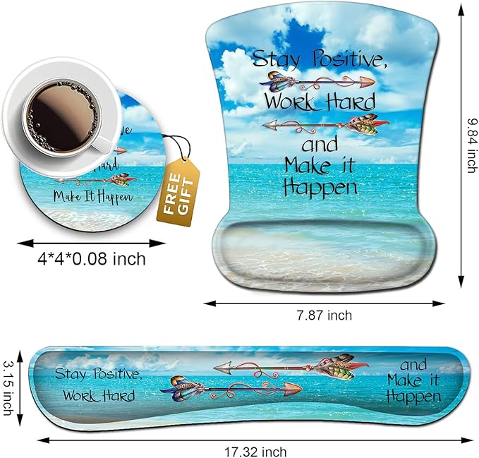 Mouse Pad Square Beach Style Anti-Slip Rubber Mousepad with Durable Stitched Edges for Gaming Office Laptop Computer Cute Custom Pattern Stay Positive Work Hard and Blue Sky Ocean
