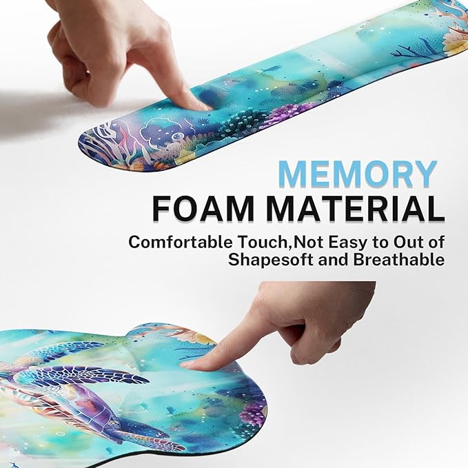 Arttown Sea Turtle Coral Reef Desk Mat Sea World Mouse Pad Set 4 in 1 Animal Ergonomic Design Large Desk Pad + Keyboard Wrist Rest + Mouse Wrist Rest + Coaster Suitable for Home Office Study Game