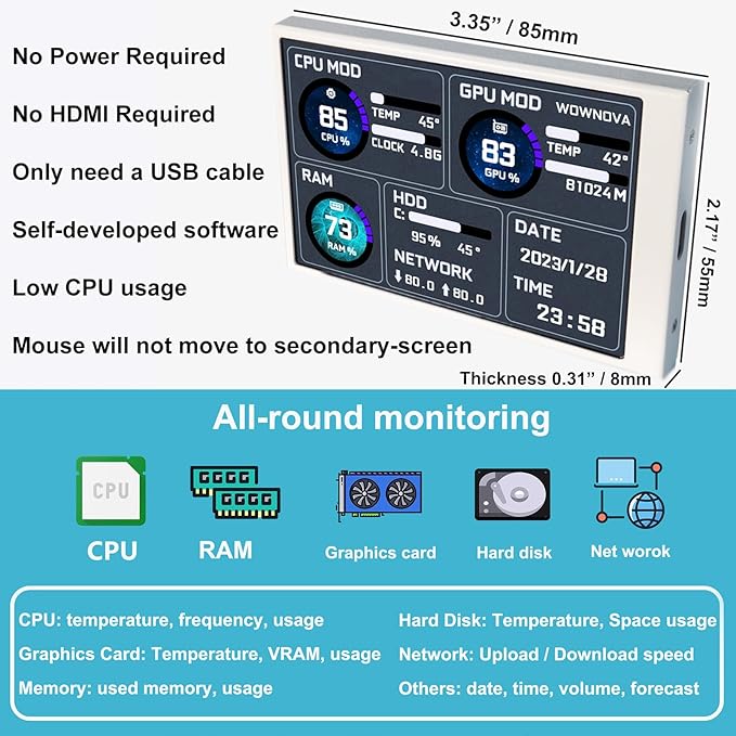 WOWNOVA White 3.5in Computer Temp Monitor ARGB PC Case Secondary Screen USB Mini Screen IPS Display for CPU RAM HDD Data Monitor